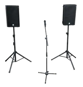 Leistungsstarkes Sprachbeschallungs-Set inklusive Funkmikrofon und zwei 1000W Lautsprechern zur Miete bei PvD Events in Hüllhorst.
