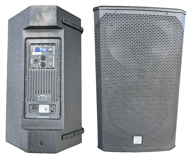 Aktiver 12 Zoll Lautsprecher Party PA T112 DSP mit 2000 Watt Peak-Leistung und integriertem DSP-Display zur Miete bei PvD - Events & Technik.