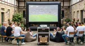 Eine professionelle, aufblasbare 3,1m Leinwand mit YAMAHA STAGEPAS Soundanlage, lichtstarkem Beamer auf einem Medienwagen und bequemen Loungern bei einem Public Viewing Event in OWL.