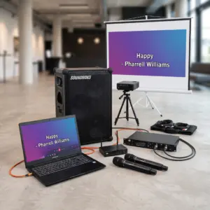 Mobiles Karaoke To Go Set von PvD Events & Technik bestehend aus SOUNDBOKS Lautsprecher, Beamer mit Leinwand, Laptop, ADJ Media Player und zwei JBL Funkmikrofonen.