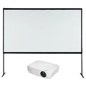 Kompaktes Beamer-Set mit Stativ-Leinwand für private Feiern, Geburtstage und Diashows in Bielefeld, Herford und Minden.