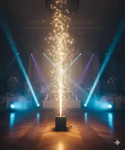Prometheus 1 Funkenmaschine erzeugen einen Kaltfunken-Effekt während eines Hochzeitstanzes in einer Event-Location.