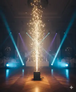 Prometheus 1 Funkenmaschine erzeugen einen Kaltfunken-Effekt während eines Hochzeitstanzes in einer Event-Location.