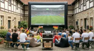 Monumentale aufblasbare 6m Leinwand mit dezentem Soundsystem und großem Publikum bei einem Fan-Fest in OWL.