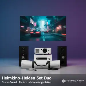 Produktpräsentation des Heimkino-Helden "Duo" Sets: Ein weißer 4K Beamer auf einem Podest, zwei schwarze Stereo-Standlautsprecher, Mediaplayer und eine Leinwandtasche vor einem modern ausgeleuchteten blau-violetten Hintergrund.