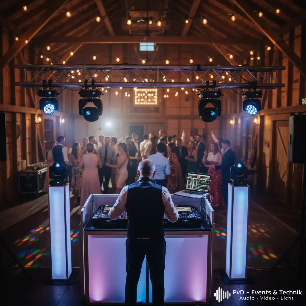 Ein Hochzeits-DJ von PVD Events legt in einer stilvoll beleuchteten Location in Rinteln oder Stadthagen auf.