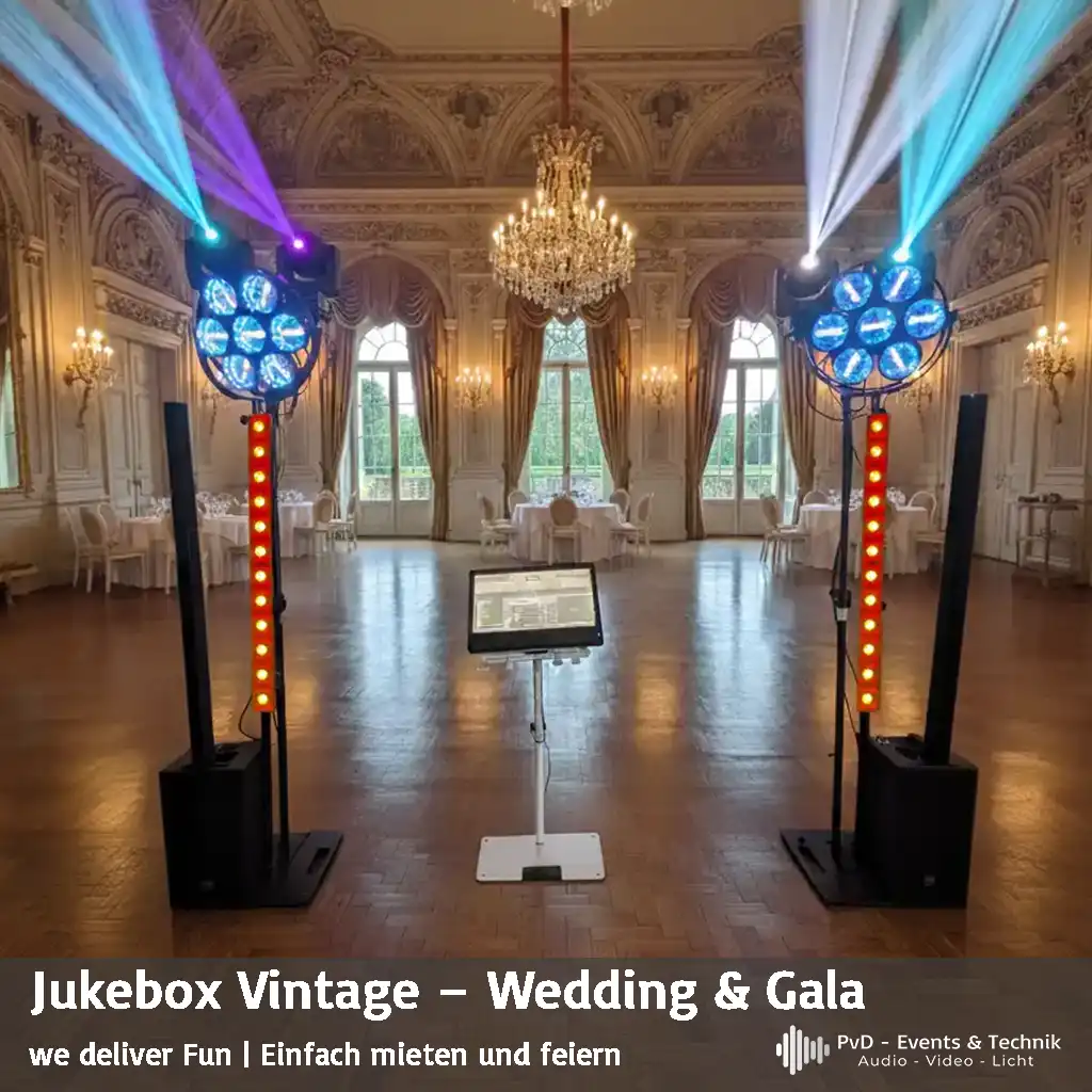 Modernes Jukebox-System 'Vintage Wedding & Gala' von PVD Events in einem prachtvollen Festsaal mit Kronleuchtern. Zu sehen sind zwei schlanke Säulen-Lautsprecher, Moving-Heads, LED-Bars und das zentrale Touchscreen-Pult auf weißem Stativ.