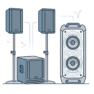 Abstraktes Sinnbild für professionelle Beschallungstechnik auf hellgrauem Hintergrund: Ein 2.1 PA-System bestehend aus einem Subwoofer und zwei Top-Teilen auf Stativen, ergänzt durch einen leistungsstarken Party-Lautsprecher im Stil einer JBL Partybox 710.