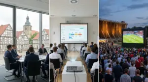 Triptychon Medientechnik Bad Essen: Business-Präsentationen am Solepark, Seminare im Kurort und Public Viewing am historischen Kirchplatz.