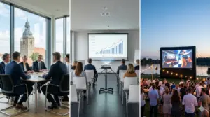 Triptychon Medientechnik Belm: Business-Meeting mit Blick auf St. Dionysius, Seminar-Setup im Industriegebiet und Outdoor-Event in der Region Belm.