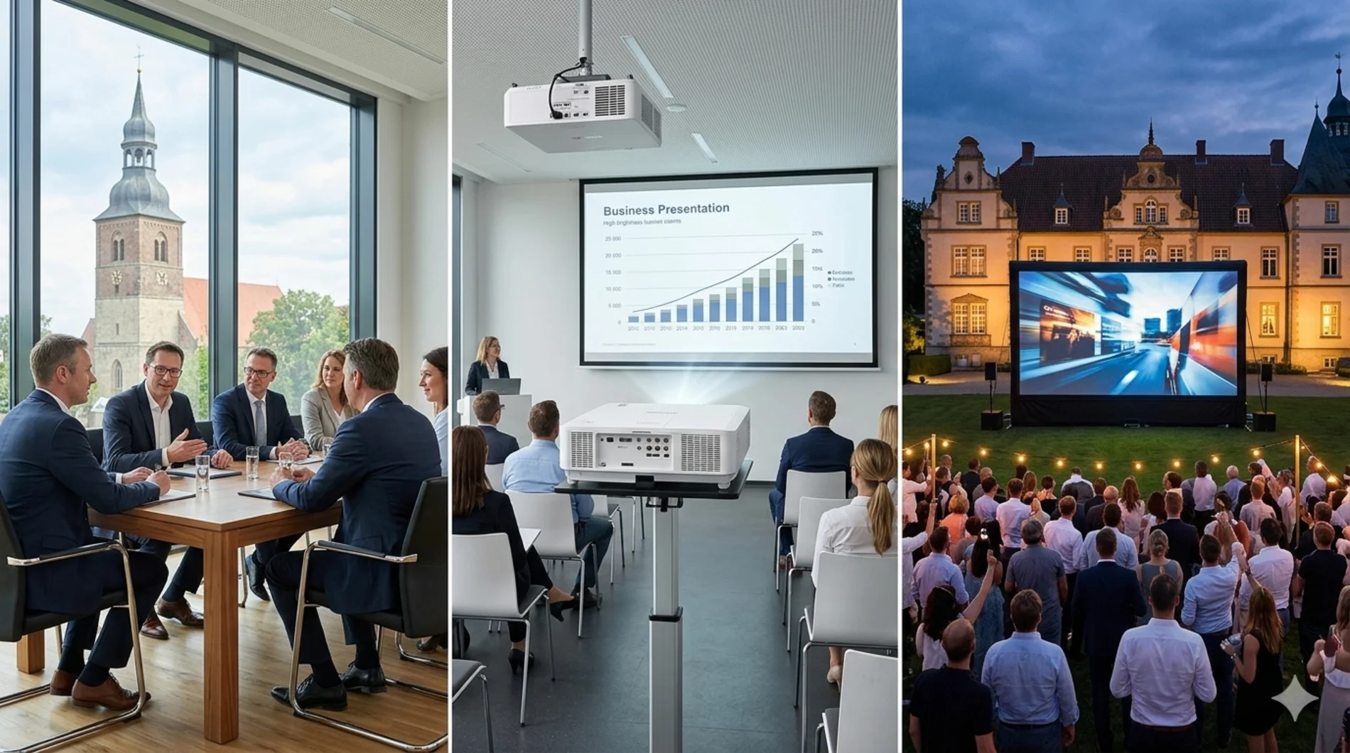Triptychon Medientechnik Bohmte: Business-Meeting im Wittlager Land, Seminar-Setup im Gewerbepark und Outdoor-Event am Bohmter Marktplatz.