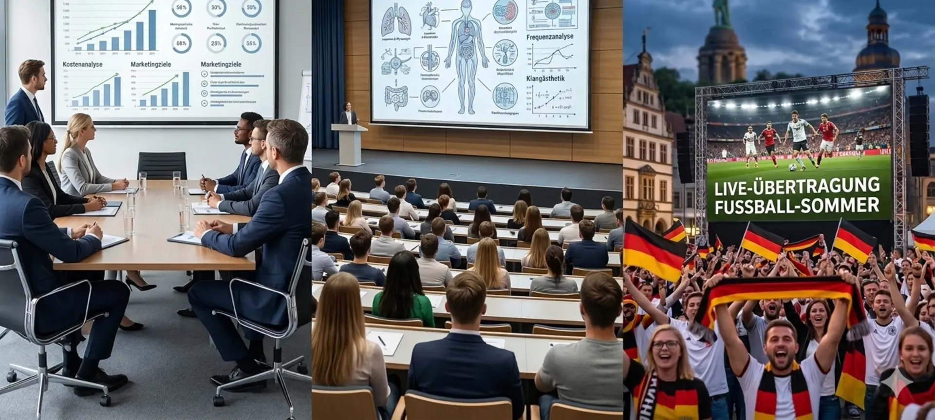 3-Säulen-Medientechnik für Detmold: Business-Meeting, Hochschule für Musik Symposium und Public Viewing am Hermannsdenkmal.