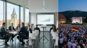Triptychon Medientechnik Dissen: Business-Meeting im Osnabrücker Land, Seminar-Setup im Industriepark und Outdoor-Event am Teutoburger Wald.