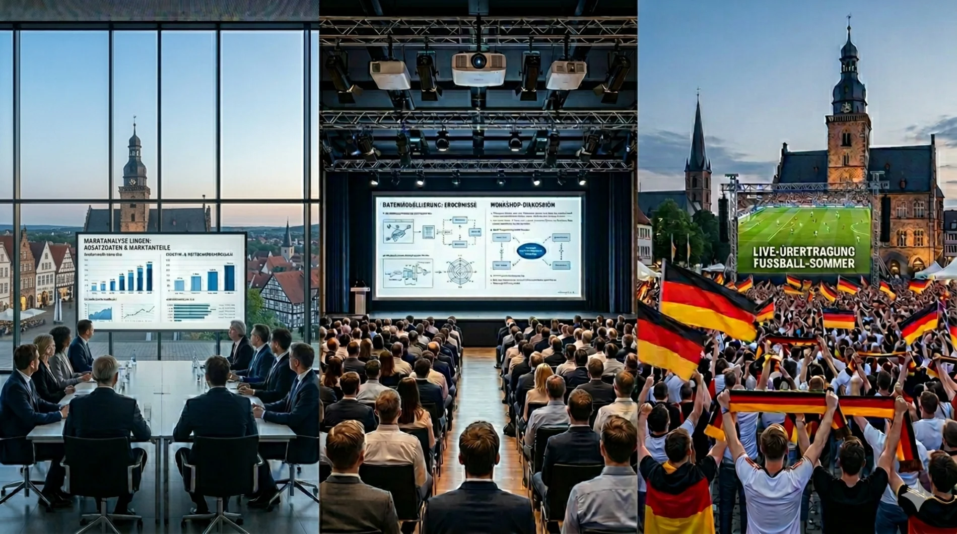 Triptychon Medientechnik Lingen: B2B-Events am Marktplatz, Seminartechnik in der EmslandArena und Public Viewing im Emsland.