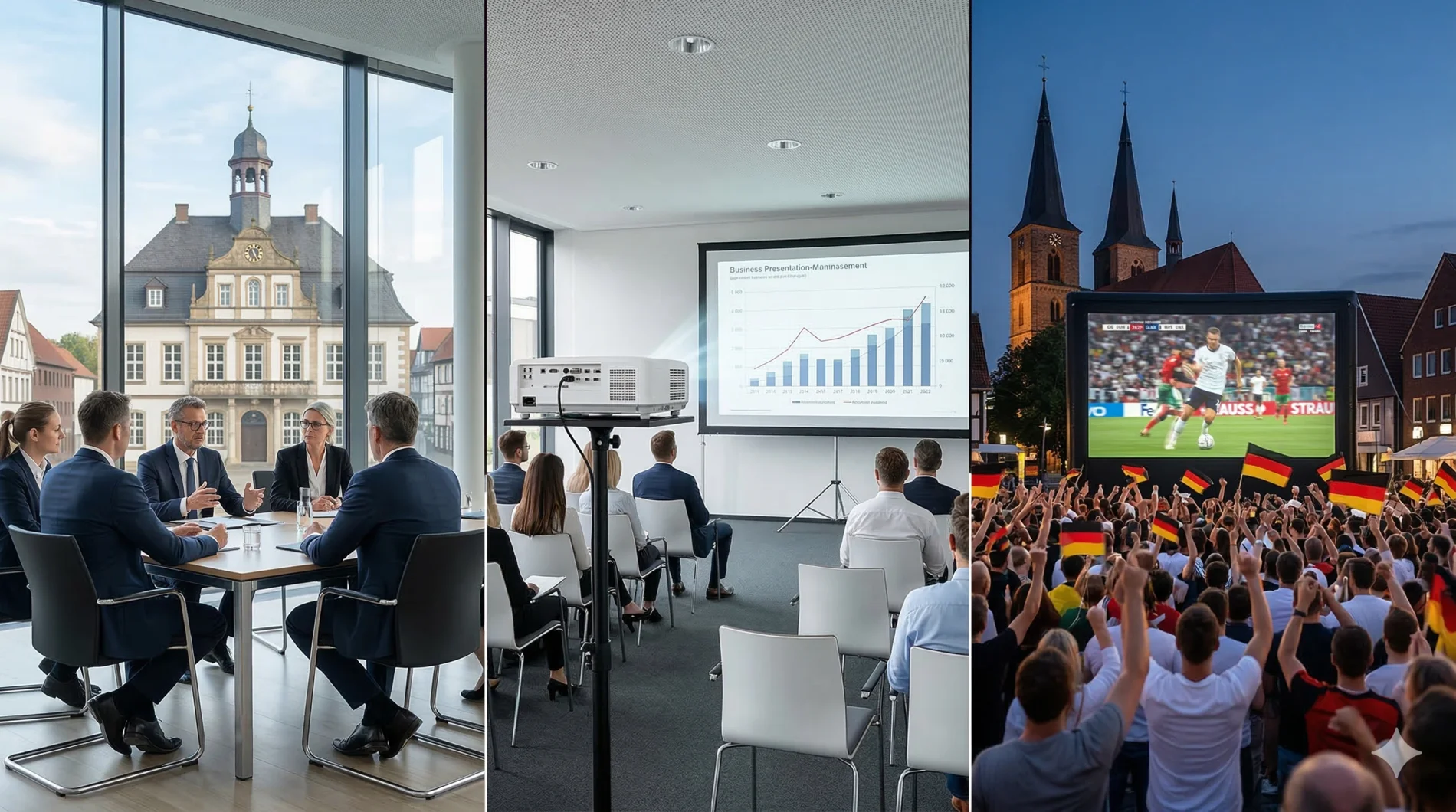 Triptychon Medientechnik Melle: Business-Präsentation im Grönegau, Seminar-Setup und Public Viewing Event am Meller Marktplatz.