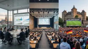 Triptychon Medientechnik Münster: Professionelle Projektionen für Kongresse, Seminare und Public Viewing vor historischer Kulisse in Münster.