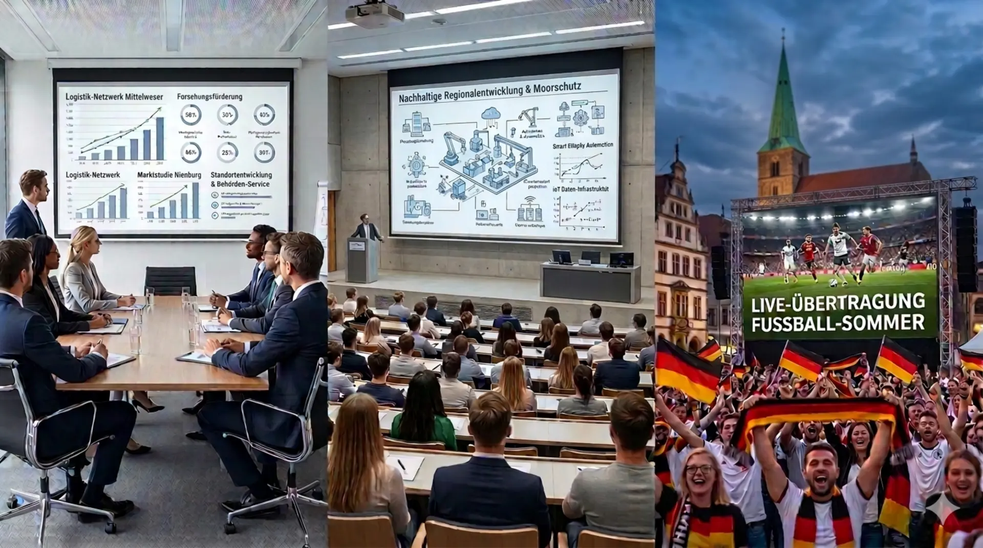 3-Säulen-Medientechnik für Nienburg: Business-Strategie, Seminar-Training und Public Viewing an der Weser.
