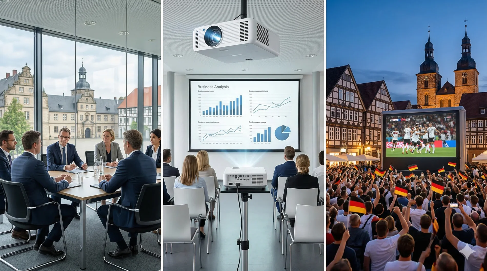 Triptychon Medientechnik Stadthagen: Professionelle Projektionen für Business-Events im Schloss Stadthagen, B2B-Seminare und Public Viewing.