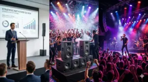Professionelle Veranstaltungstechnik von PvD Events in Hille: Moderationsset mit schlankem Säulenlautsprecher und Leinwand, leistungsstarke Partyanlage mit Subwoofern sowie professionelle Konzertbeschallung.