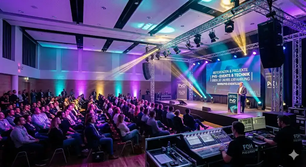 Professionalität in Aktion: PvD - Events & Technik bei einer Firmenkonferenz mit moderner Licht- und Tontechnik in Ostwestfalen-Lippe.