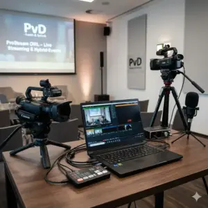 Professionelles Live-Streaming-Setup mit 2 Kameras, Regie-Laptop und Audio-Interface für Firmen-Events in OWL von PvD - Events & Technik.