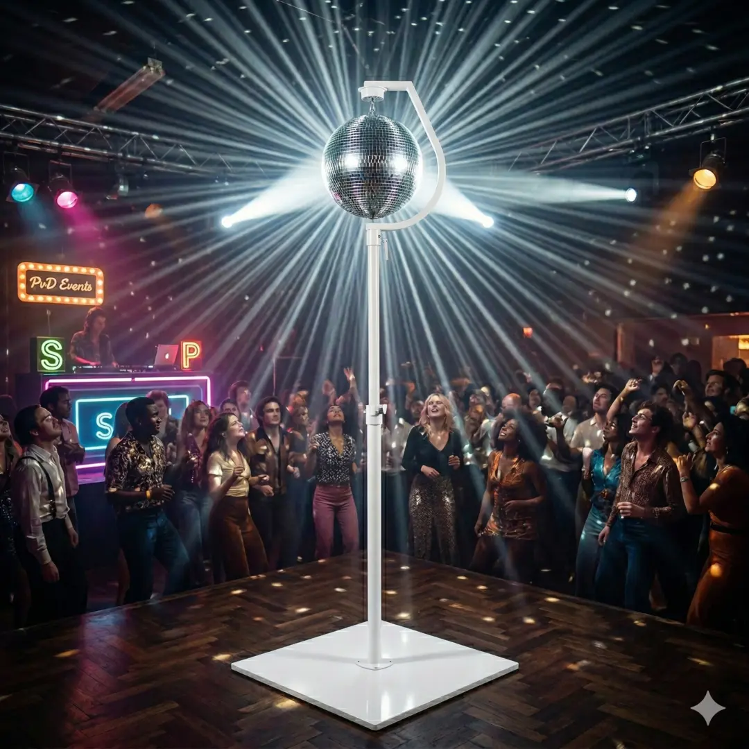 Exklusives Spiegelkugel-Set 'Elegance 50' von PvD - Events & Technik mit weißem Tellerstativ, quadratischer Bodenplatte und weißer Halterung in einer stimmungsvollen Partysituation mit Lichtstrahlen.