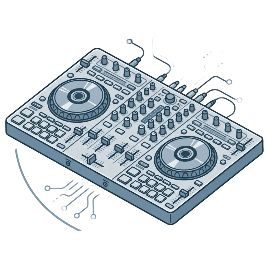 Abstraktes Sinnbild eines professionellen DJ-Controllers auf hellgrauem Hintergrund: Minimalistische Darstellung eines 4-Kanal-Mischpults mit integrierten Decks und Jogwheels, ohne Beschriftungen.