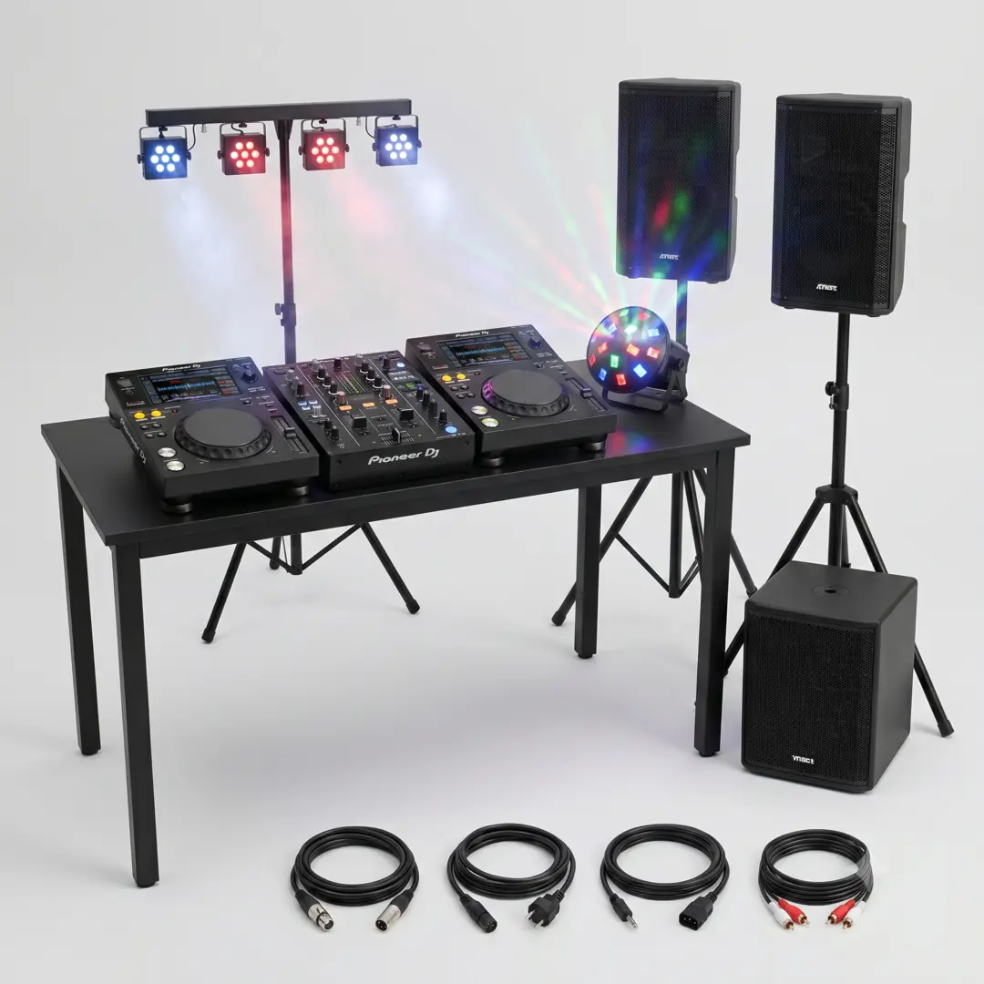 Ein kompaktes DJ-Technik Komplettset für Jugendpartys im quadratischen 1:1 Sinnbild-Stil. Auf einem schlichten, modernen DJ-Tisch steht ein professionelles Pioneer DJ-Setup mit zwei XDJ-Playern und einem Mischpult, im Hintergrund dezent ausgeleuchtet von einer LED-Lichtbar für echtes Club-Feeling.