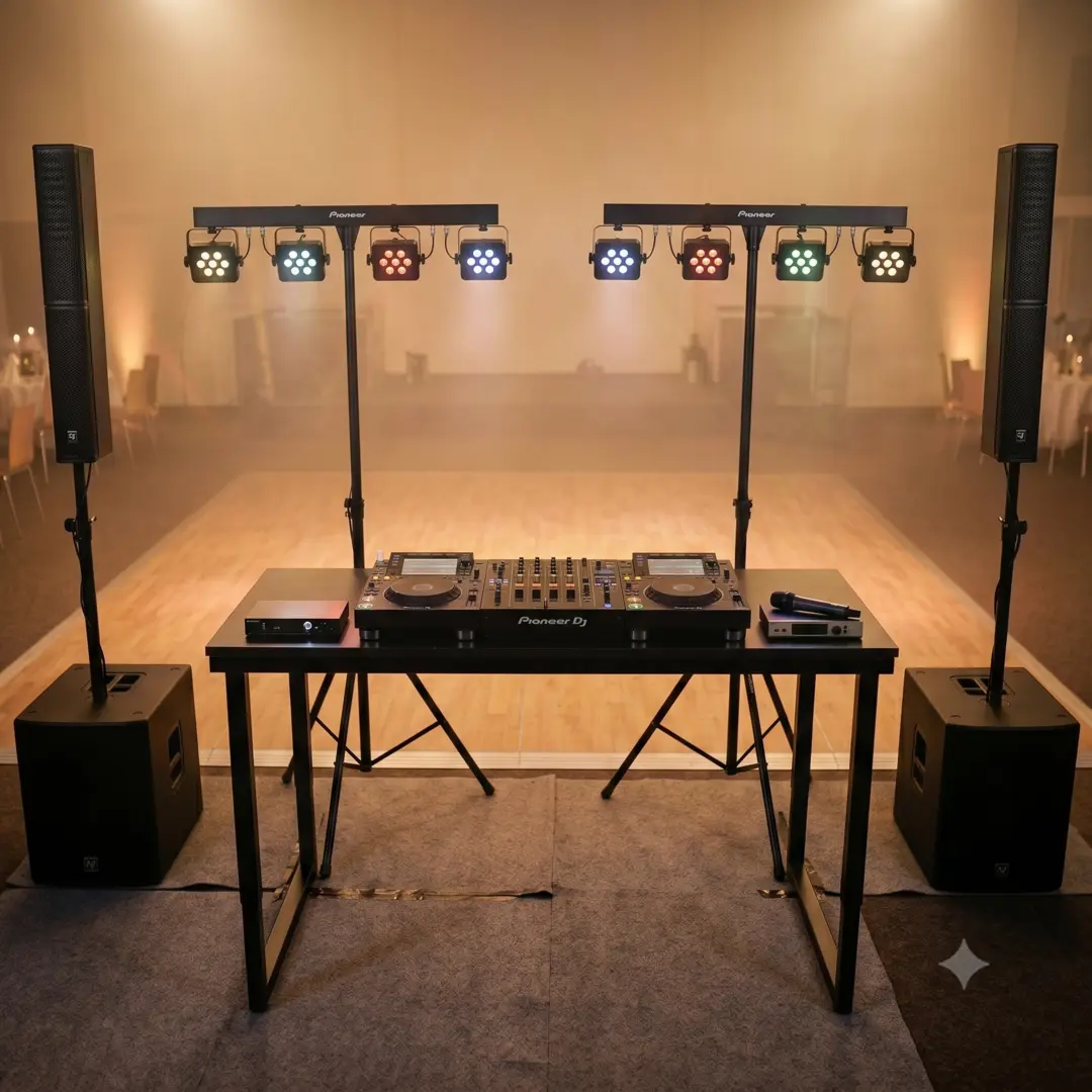 Professionelles DJ-Technik Komplettset Paket 2 für Vereinsfeste im quadratischen Sinnbild-Stil. Ein Pioneer DJ-Mischpult flankiert von zwei XDJ-Playern auf einem Flightcase, umgeben von zwei PA-Lautsprechern auf Stativen und einer 4er LED-Lichtbar für die Tanzflächenbeleuchtung.