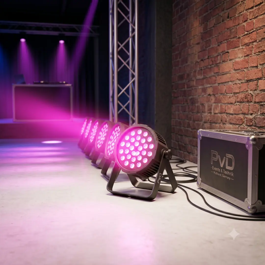 Ein professionelles 8er-Set LED Flat Par Scheinwerfer, in einer Reihe aufgereiht, neben einem Transport-Flightcase von PvD - Events und Technik.