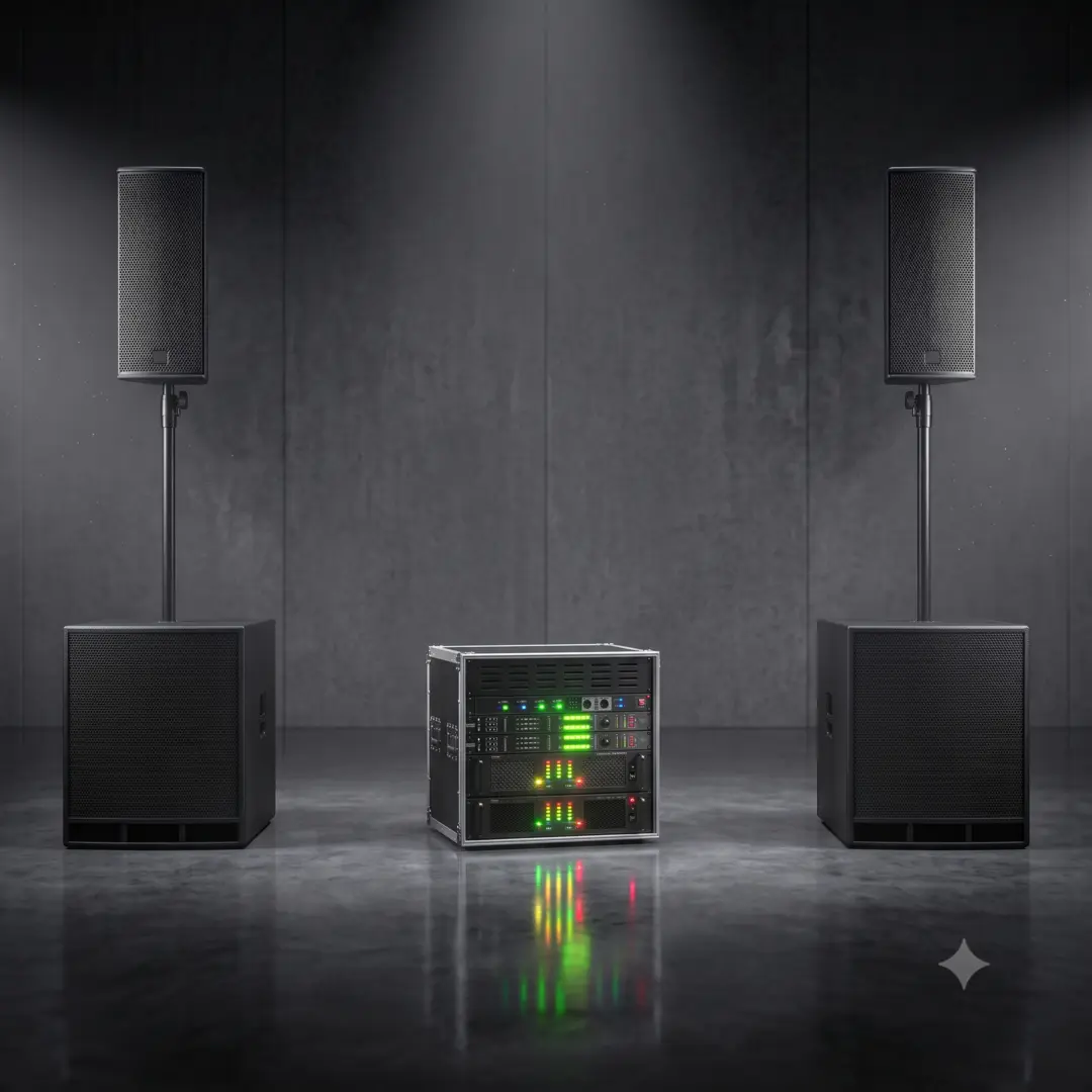 Das einsatzbereite Premium PA-System Gala & Club 300, bestehend aus zwei schlanken Seeburg Acoustic Line A3 Topteilen auf Distanzstangen über zwei kraftvollen K.M.E. Subwoofern, professionell aufgebaut in einer modernen Event-Location in OWL.