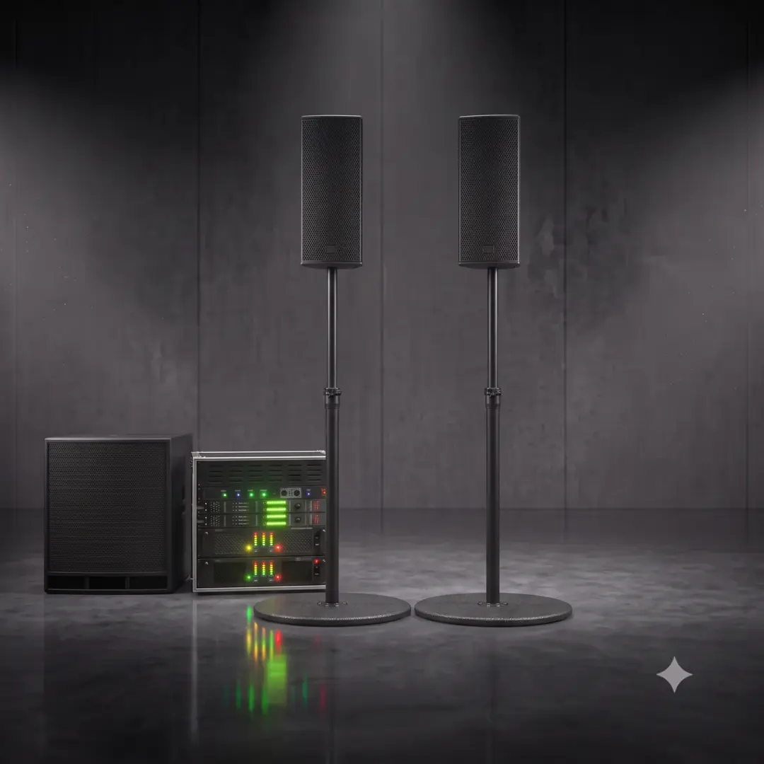 Kompaktes Premium PA-System 'Gala & Club 130' von PvD - Events & Technik: Zwei Seeburg Acoustic Line A3 Topteile auf eleganten Tellerstativen sowie ein K.M.E. Subwoofer mit aufliegendem Amprack vor einem dunklen Studio-Hintergrund.