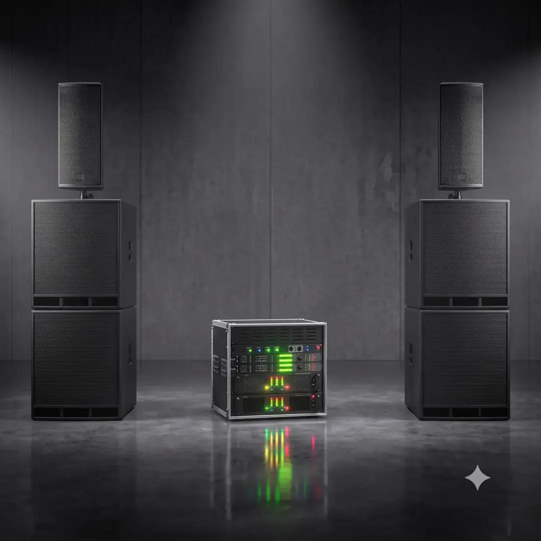 Leistungsstarkes PA-Großsystem 'Gala & Club 500' von PvD - Events & Technik: Zwei Seeburg Acoustic Line A3 Topteile kombiniert mit vier K.M.E. B&C Subwoofern und System-Amprack vor edlem Studiolook-Hintergrund.