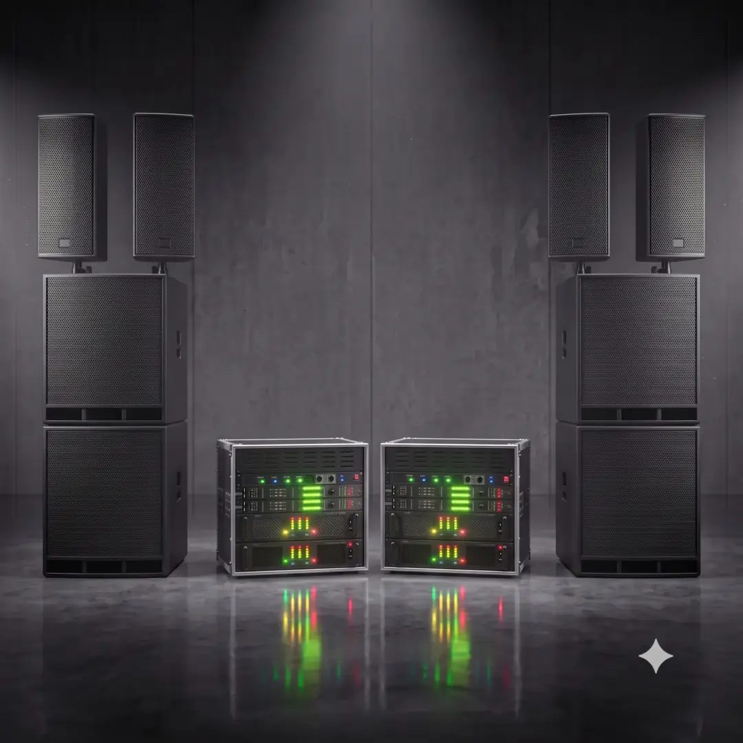 Leistungsstarkes PA-Großsystem 'Gala & Club 800' von PvD - Events & Technik: Vier Seeburg Acoustic Line A3 Topteile kombiniert mit vier K.M.E. B&C Subwoofern und System-Amprack vor edlem Studiolook-Hintergrund.