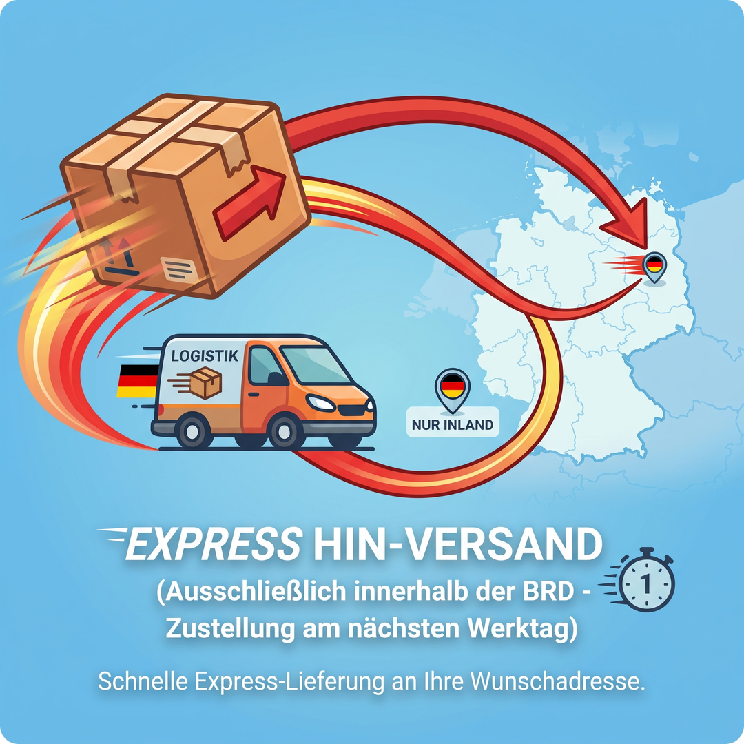 Illustration für DHL Express Hin-Versand von PvD Events & Technik: Ein Paket mit Feuerschweif, ein Transporter und Deutschlandkarte mit Express-Markierung zur Symbolisierung der Zustellung am nächsten Werktag.