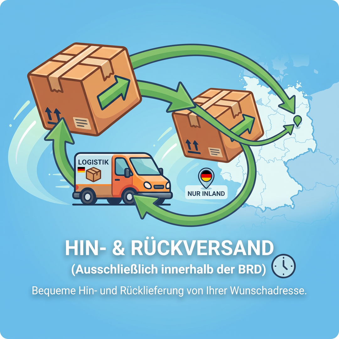 Infografik für den Hin- und Rückversand von Personenführungsanlagen: Ein Paket mit zwei roten Pfeilen im Kreislauf über Deutschland, ein Transportfahrzeug und ein DHL-Retourenschein symbolisieren den vollständigen Versandprozess von PvD Events & Technik.